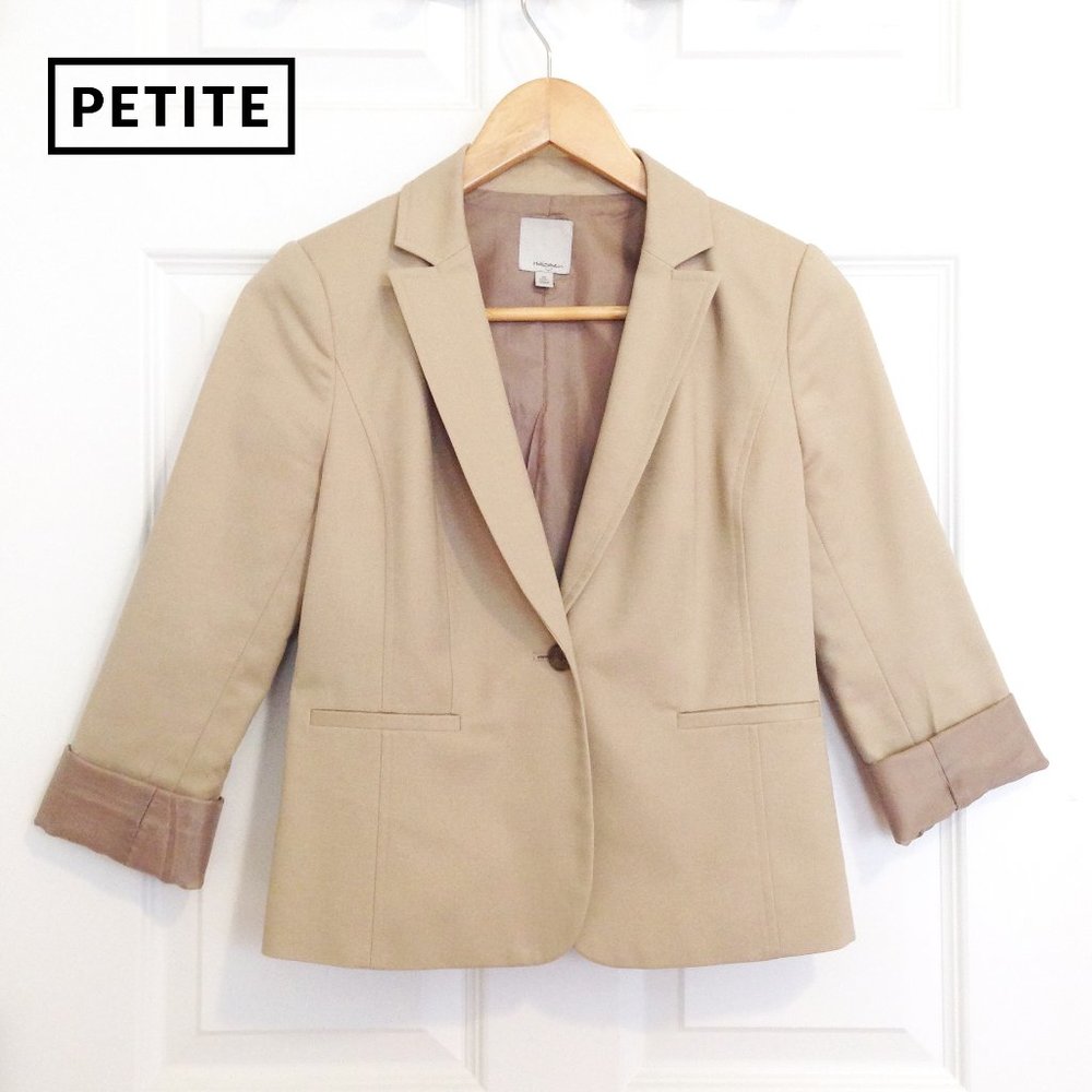Halogen Stretch Cotton Single-Button Roll Sleeve Tan Camel Petite Blazer